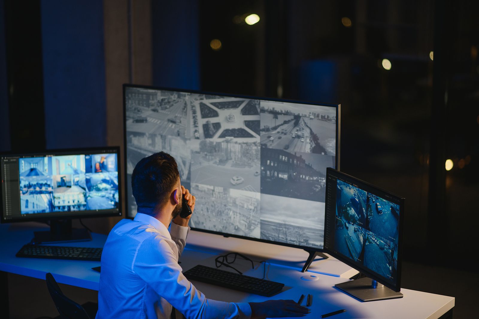 Мониторингова зала за видеонаблюдение - оператор и екрани с CCTV