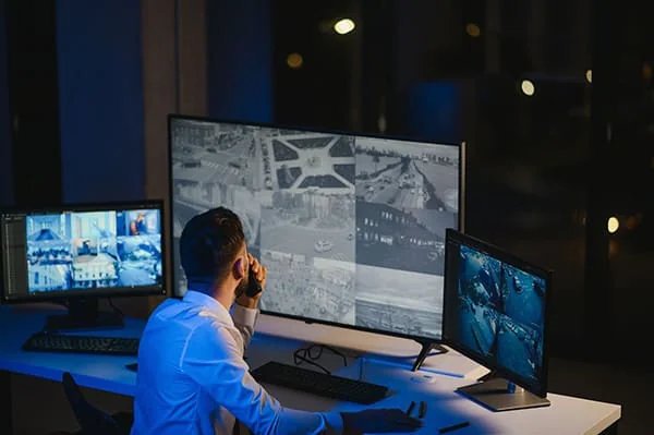 Мониторингова зала за видеонаблюдение - оператор и екрани с CCTV